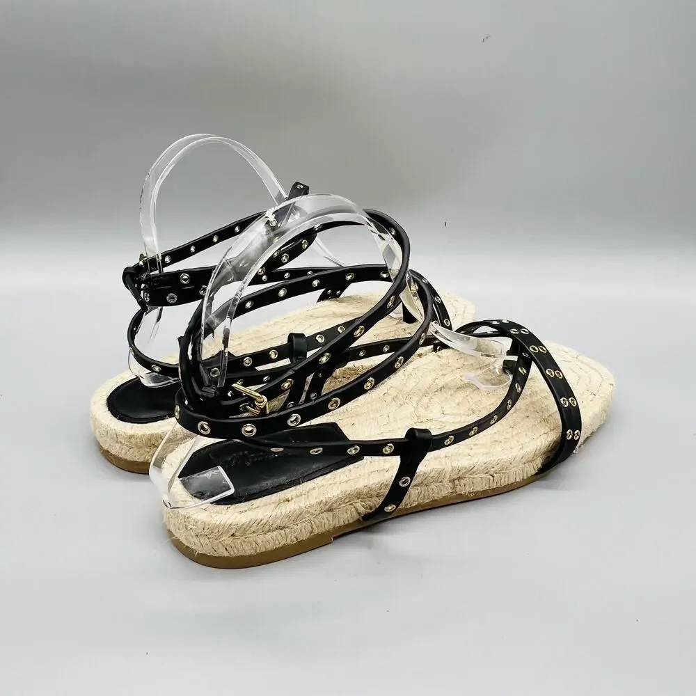 Madewell Sandals Womens 8 Black Leather Studded Strappy Thong Espadrille Shoes